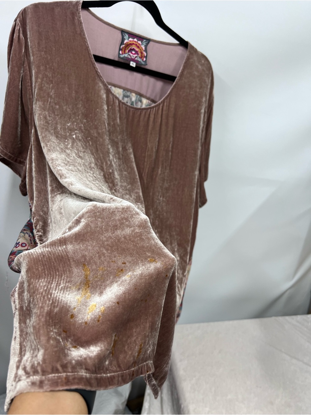 Johnny Was Dusty Mauve mixed media silk blend velvet velour Tunic XL FLAWED - Picture 12 of 13